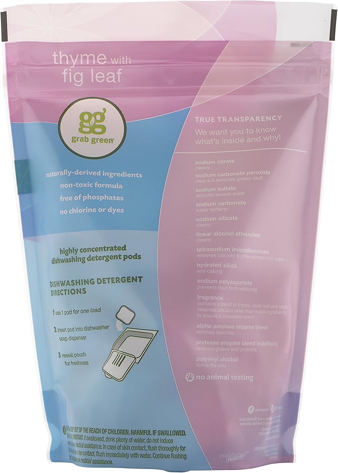 Grab Green Automatic Dishwashing Detergent Pods, 24 Count, Thyme Fig Leaf Scent, Plant and Mineral Based, Superior Cleaning, Powerful Grease Removal, Brilliant Shine