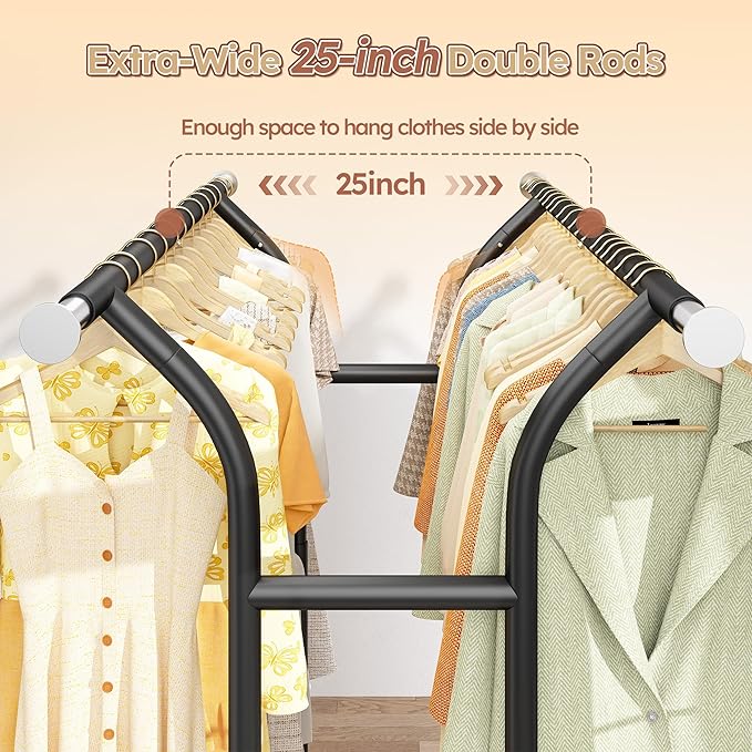 Raybee 74" W Clothes Rack Load 630 LBS, Clothing Racks for Hanging Clothes, Adjustable Heavy Duty Clothes Rack, Double Rods Metal Garment Rack for Bedroom Wardorbe Closet Living Room