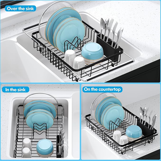 Expandable Stainless Steel Dish Drying Rack Over The Sink For Small Kitchen, Counter Space Saving Compact Black Metal Plate Drain Strainer, Adjustable Hanging In Sink Rust Proof Wire Dryer Holder