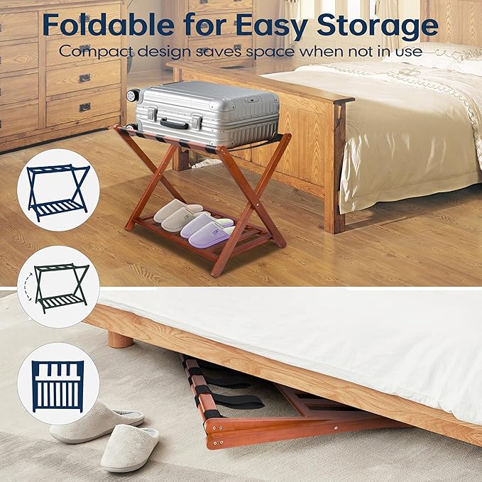Whitmor Bamboo Luggage Rack with Bottom Shelf, Foldable Suitcase Stand, Heavy Duty Storage Shelf, 5 Nylon Straps & X-shaped Frame, Fully Assembled Walnut Luggage Holder for Guest Room, Bedroom, Hotel