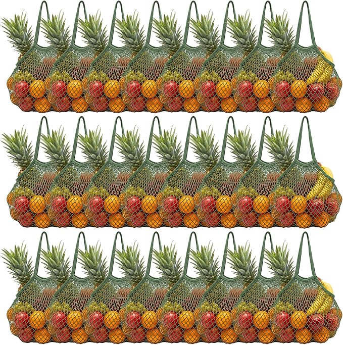 Woanger 24 Pcs Reusable Cotton Mesh Produce Shopping Bags Long Handle Washable Grocery Net Portable Fruit and Vegetable Cotton String Bags Green Net Tote Organizer