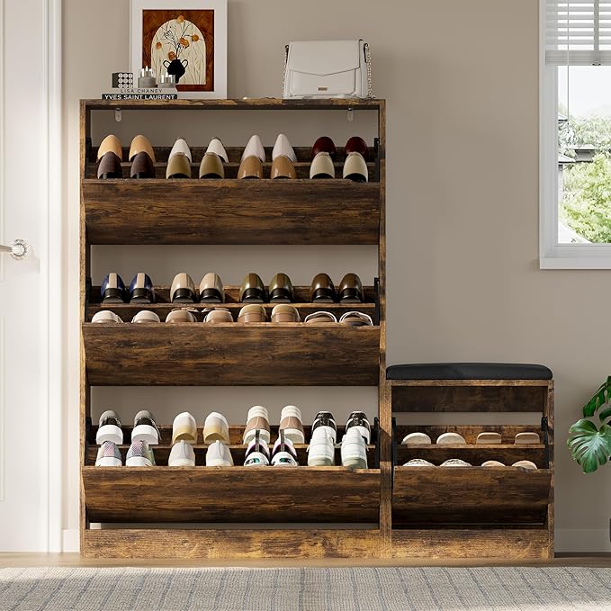 BORNOON Shoe Cabinet with Bench and 3 Flip Drawers, Slim Narrow Shoe Storage Cabinet, Freestanding Shoe Rack Organizer with Adjustable & Removable Shelves, Anti-Tip for Entryway, Hallway, Foyer