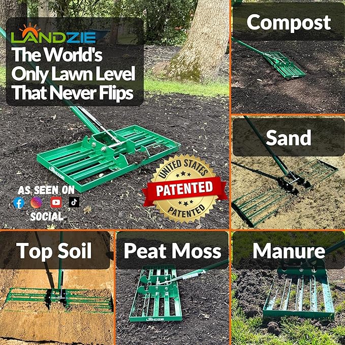 Landzie AeroLeveler - The Lawn Leveling Rake That Never Flips - Patented 24" inch Wide Pneumatic Lawn Level for Yard, Dirt, Soil, Sand, Provides Stability and Control (Pneumatic 24" Leveling rake)