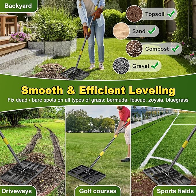 Lawn Leveling Rake: Anti Flipping 17" x 10" Stainless Steel Lawn Ground Leveler for Soil, Heavy Duty Grass Top Soil Dressing Leveling Rake, Home Lawn,Golf Field,Yard Landscaping Tool, 60” Long Handle