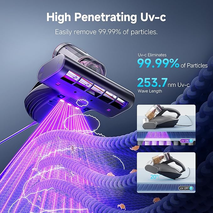 uwant Mattress Vacuum Cleaner, 16Kpa 450W Bed Vacuum Cleaner with 253.7nm UV-C Light, 149°F Heat, 36000 RPM/Min Tapping, HEPA Filter & Ultrasonic, Handheld Vacuums for Bed, Sofa, Couch, Crib, Set of 1