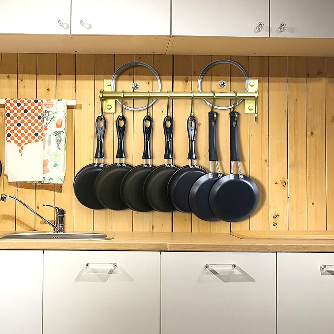 Dseap Kitchen Utensil Holder Hanger, Pot and Pan Rack Wall Mounted, Kitchen Rail with 8 Hooks for Hanging Cooking Utensils, Mugs, Spoons, Wall Mounted, Champagne Color