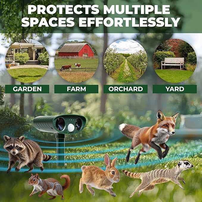 Solar Ultrasonic Animal Repeller Pack 2PCS | 120° Motion Sensor Up to 33ft Range | Waterproof Outdoor Deterrent for Garden & Yard | Deer, Cat, Dog & Raccoon Repellent | Solar Powered Pest