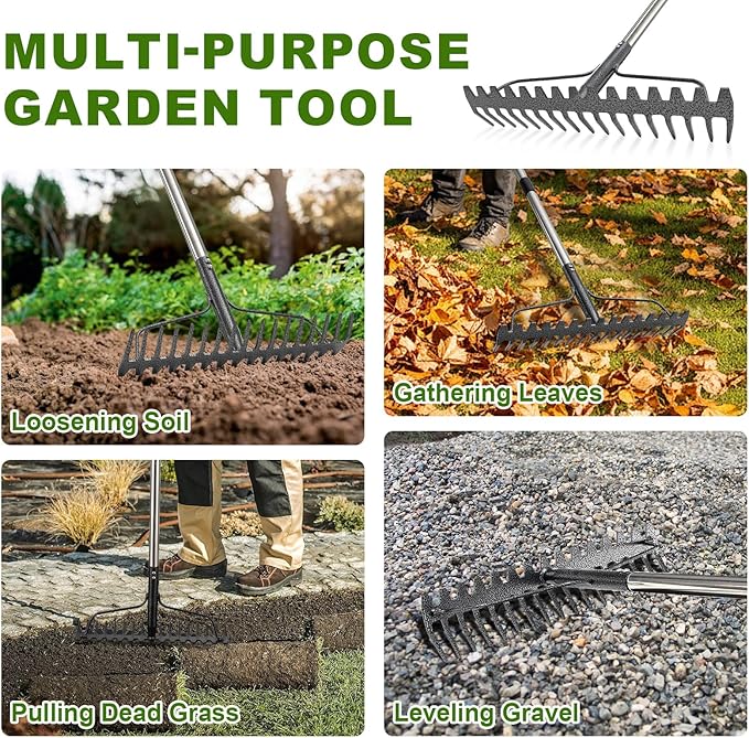 Bow Rake, 79" Heavy Duty Garden Rake with Wide 17 Tines Head & Stainless Steel Handle, Adjustable Rakes for Lawns Yard Loosening Soil Thatching Gathering Leaves Gravel