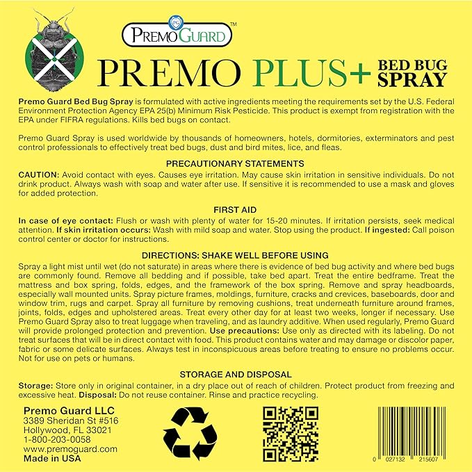 Premo Plus+ Bed Bug Spray Extra Strength – 128 oz – Fast Acting Bed Bug Treatment & Killer – Stain & Scent Free – Child & Pet Safe – Powerful New Stronger Formula – Natural with No Harmful Chemicals