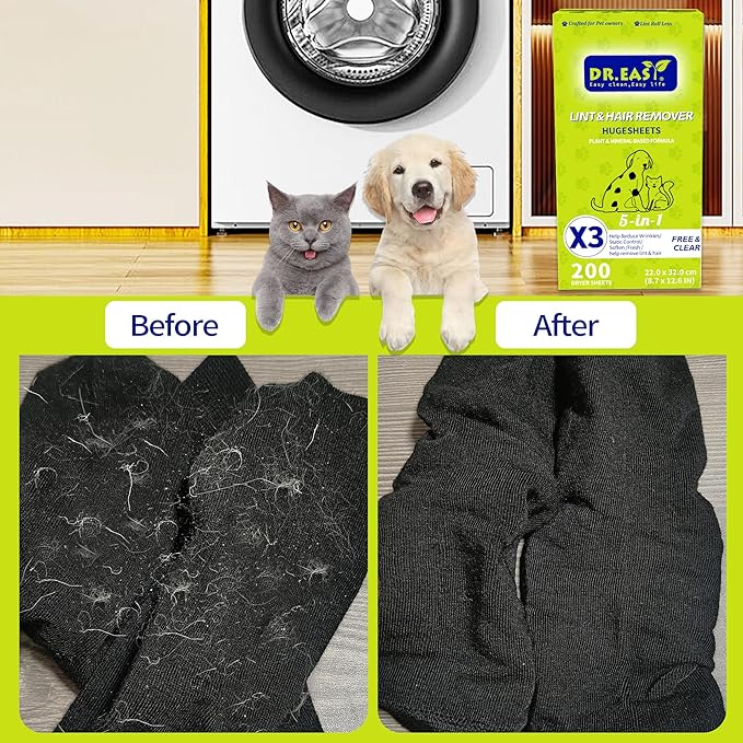 Dr.Easy LINT & HAIR REMOVER Pet HUGESHEETS with 3X Dryer Sheets, Free & Clean, 200 Count,PLANT&MINERAL-BASED FORMULA