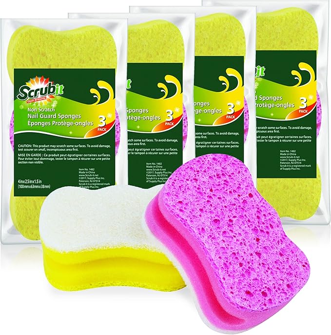 Scrub Sponge by Scrubit –Multipurpose Cellulose Cleaning Sponges with Non Scratch Scouring Pad for Dishes, Pots, Pans, Glass Cooktop - Super Absorbent - Unique Shape to Protect Nails: 12 Pack