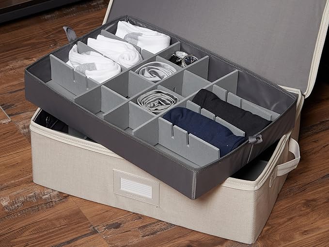 Covermates Keepsakes - Adjustable Zip-Top Storage Box - Configurable FlexGrid Compartments - Heavy Duty Polyester- Reinforced Handles - Stackable Design - Indoor Storage, Beige Heather