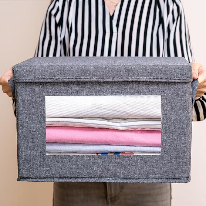 Citylife 3-Pack Collapsible Storage Bins with Lids, Linen Fabric Foldable Storage Boxes, Cube Closet Organization for Clothes, Blankets, Books, Gray