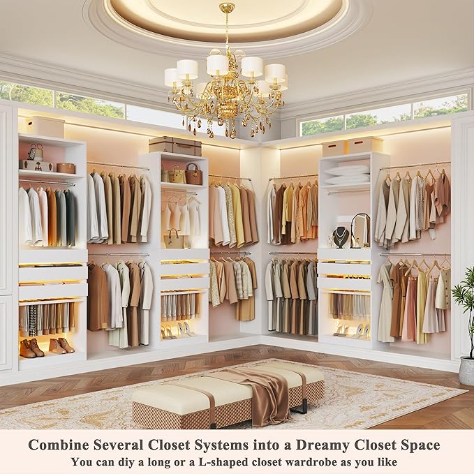Closet System, 4-8FT Closet Organizer with 3 Wood Drawers & Glass Top, 102'' Walk in Closet with 5 Hang Rods & LED Lights & Trouser Rack, Built-in Wardrobe Clothes Rack with Shelves and Tower, White