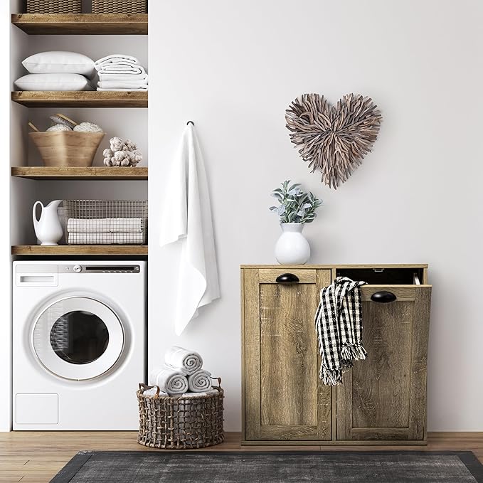 Household Essentials Laundry Sorter Cabinet, Oak Finish