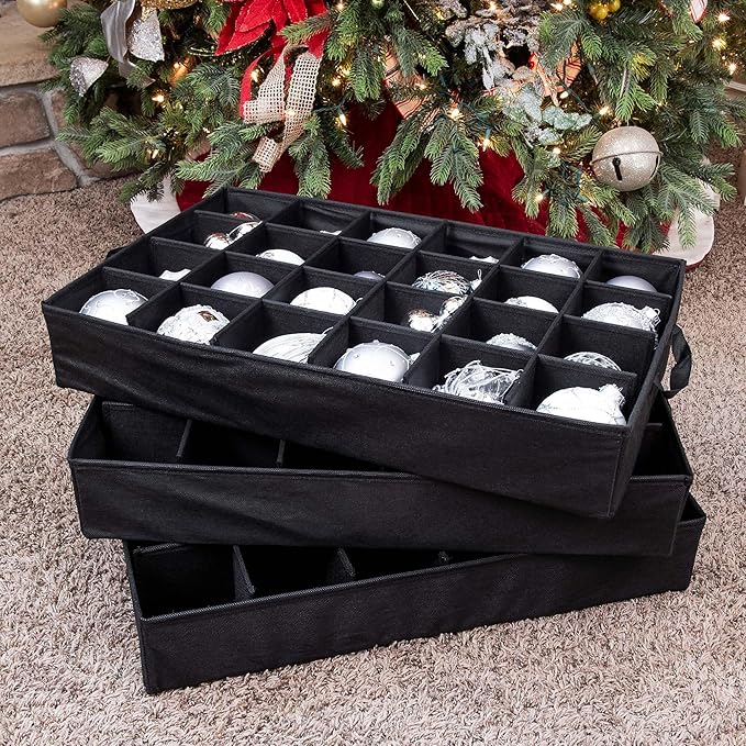 TreeKeeper (Green Christmas Ornament Storage Box with Dividers) - Deluxe Ornament Keeper - Holds 72 Ornaments up to 4 Inches in Diameter | 3 Removable Trays with Separators | Acid-Free Fabric Lining