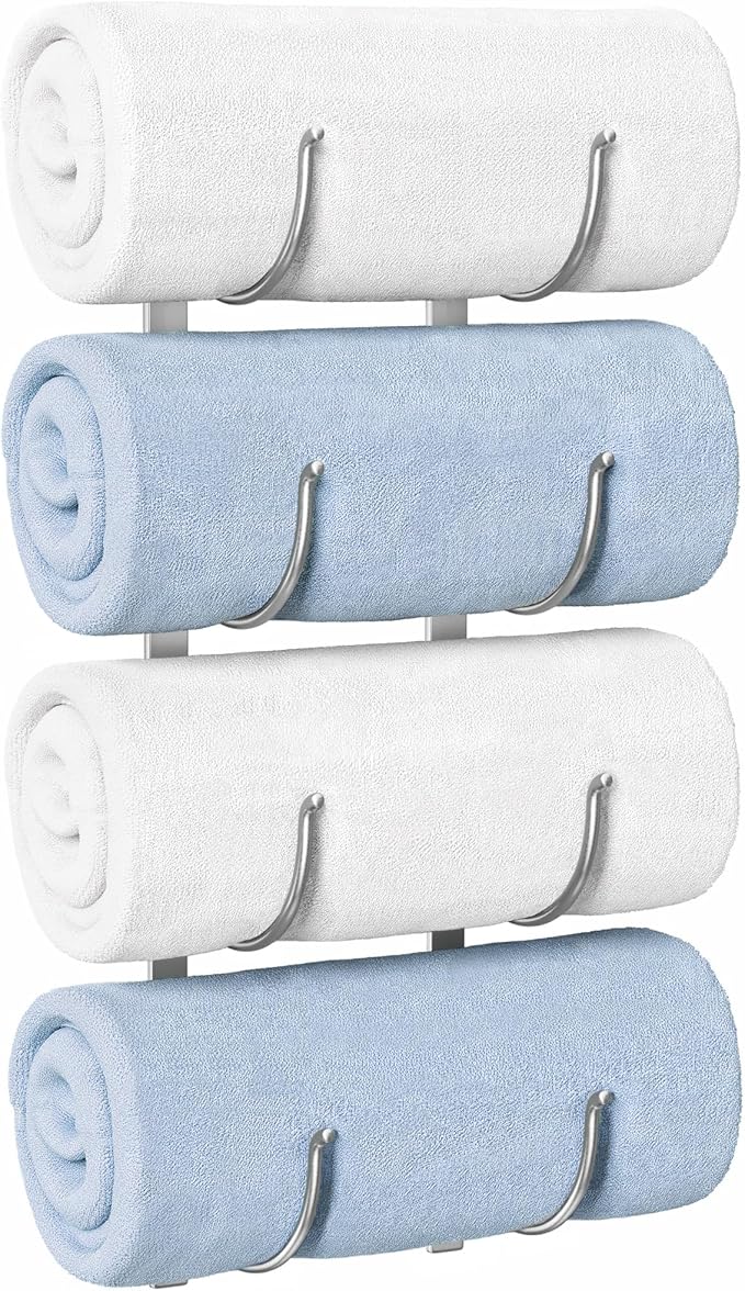 Bathroom Rolled Towel Rack: 4-Tier Wall Mounted Towel Storage Holder, Hanging Organizer for Towels, Blankets, Large Bath Sheets, Space Saving in RV, Closet, Toilet, Cabinet, Silver