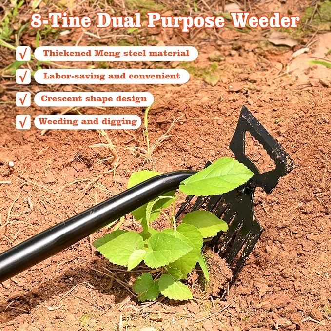 Portable Weed Removal Tool - 8-Prong Manganese Steel with Black Baked Rust-Proof Coating for Garden Lawn Farm, Non-Slip Rubber Handle