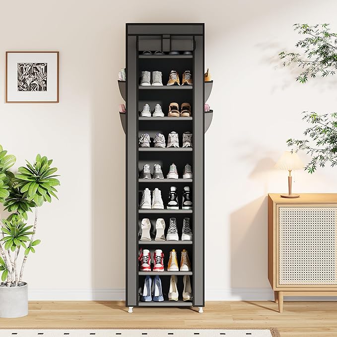 Calmootey 9 Tier Shoe Rack Organizer,Portable Shoe Shelf with Nonwoven Fabric Cover for Closet Hallway,Bedroom,Entryway,17.72x11.81x62.99inches,Grey