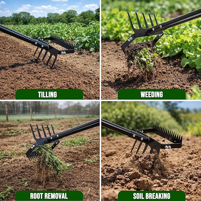 Gardzen 70" Garden Hoe for Weeding, Long Handle Hula Tool with Serrated Blade, Heavy Duty 2-in-1 Stirrup Scuffle Weeder, Cultivator Rake for Loosening Soil & Planting