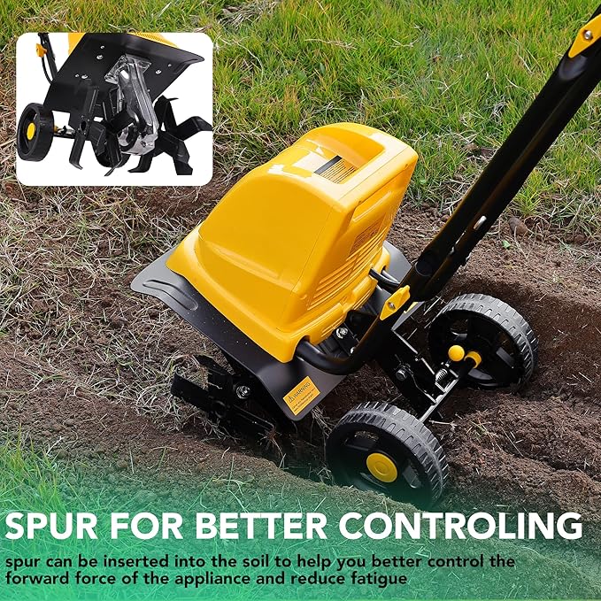 Electric Tiller/Cultivator 4 Steel Tines, Garden Roto Tillers for Gardening, 15Amp 12 Inch Corded Rototiller with Adjustable Wheels