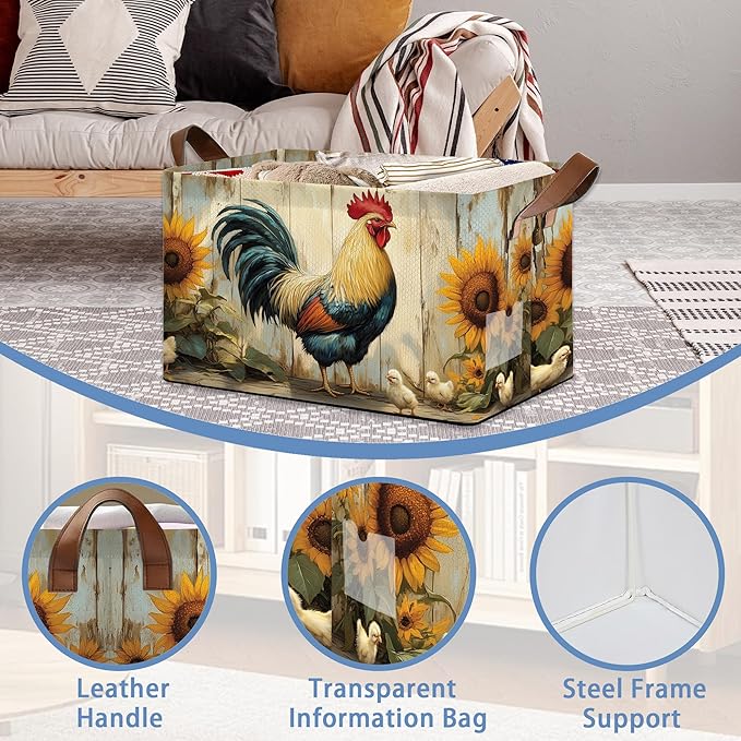 Retro Rooster Storage Basket with Handles,Chicken Sunflower Collapsible Rectangle Organizer Bin for Room Decoration Books Box Baskets 17x11.5x10Inch