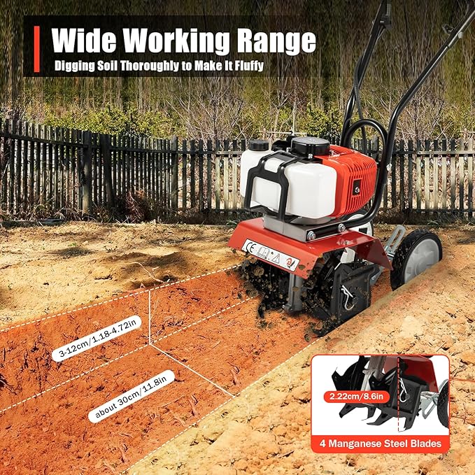 52CC 2-Stroke Garden Tiller Cultivator, 1.7KW Gas Garden Rototiller Tiller Machine with Infinite Speed Regulation, 7000RPM Garden Cultivator Farm Lawn Tilling Tool for Cultivation Trenching Loosening