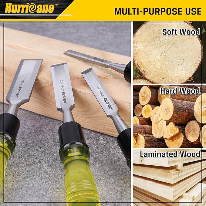 HURRICANE 4 Piece Wood Chisel Set for Woodworking. CR-V Steel Beveled Edge Blades with Safety Caps. Extra Large Grip, Impact-Resistant PVC Handle Chisels (1/4", 1/2", 3/4", 1")