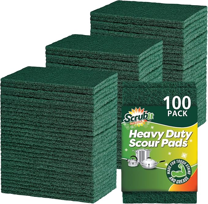 SCRUBIT Scouring Pads - Heavy Duty Scrub Pads for Cleaning Dishes - Non-Scratch - Reusable - Green (100, Green)