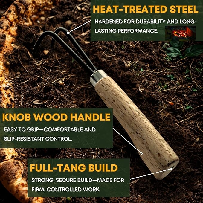 Garden Helper Double Claw Root Hook for Plants - Bonsai Repotting Tool - Heavy Duty Hardened Steel Blade with Ergonomic Wood Handle