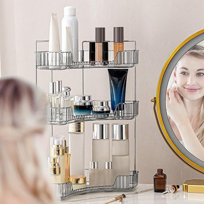 INVSSENE Corner Bathroom Countertop Organizer, Vanity Organizer Trays for Counter, Makeup Organizers, Perfume Tray, Skincare Shelf Storage Gifts for Women Girl Student (Smoky Gray 3 Tiers)