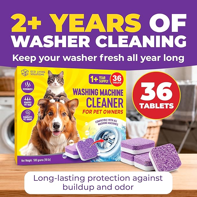 ECO LIVING SOLUTIONS Washing Machine Cleaner Tablets for Pet Owners, 36 Pack, Front&Top Load Washer Deep Cleaning, HE & Septic Tank Safe, Remove Pet Hair, Eliminates Smells, Prevents Dander Build-up