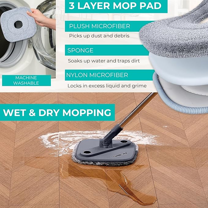 True & Tidy True Clean Spin Mop & Bucket System – Dual Compartment Design for Clean & Dirty Water, 360° Swivel Mop Head, Built-in Scrubbing Brush, Stainless Steel Handle & 2 Reusable Microfiber Pads