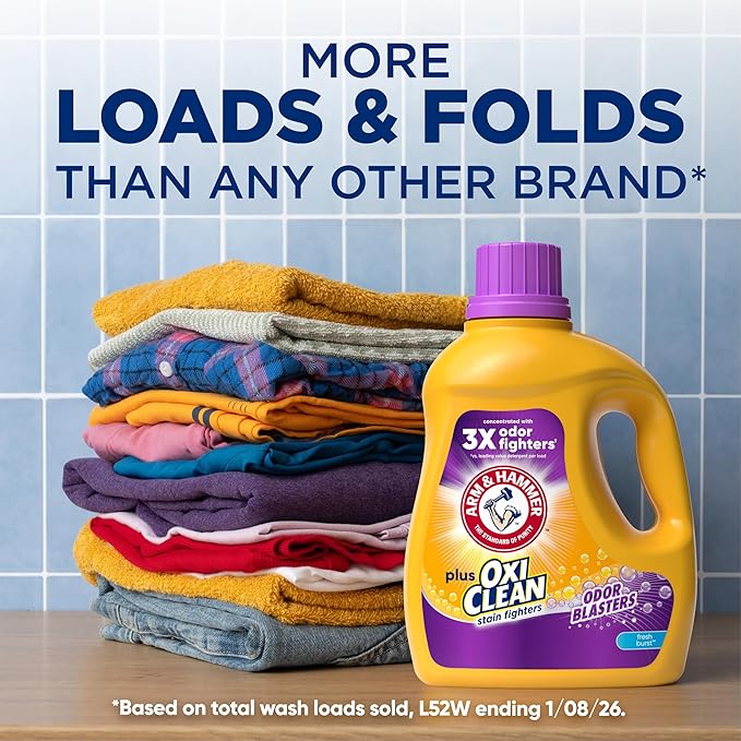 ARM & HAMMER Plus OxiClean with Odor Blasters Liquid Laundry Detergent, Laundry Odor Remover, Attacks Stains, Fresh Burst Scent, 122 Loads, 158.6 Fl Oz