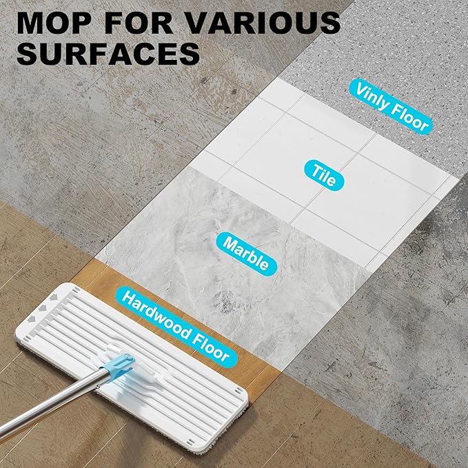 Mop and Bucket Set, Mops for Floor Cleaning, Squeeze Flat Mop and Bucket System, Dry & Wet Wall Mop Cleaner with Long Handle for Household Cleaning with 4 Microfiber Mops, Turquoise-Cyan