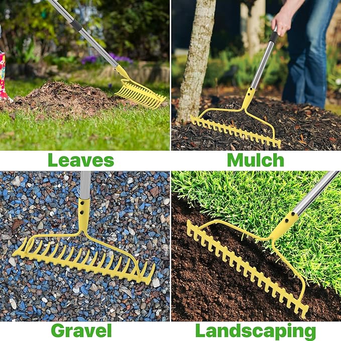 Garden Rakes for Lawns Heavy Duty, 6 FT Bow Rake for Leaves, 17-Tines Metal Rake with Stainless Steel Handle for Yard Leveling, Landscape, Loosening Soil, Yellow