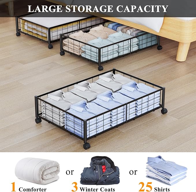 Hleelomi Under Bed Storage with Wheels, 360° Rotating, No-Assembly Underbed Storage Containers, 1 PACK
