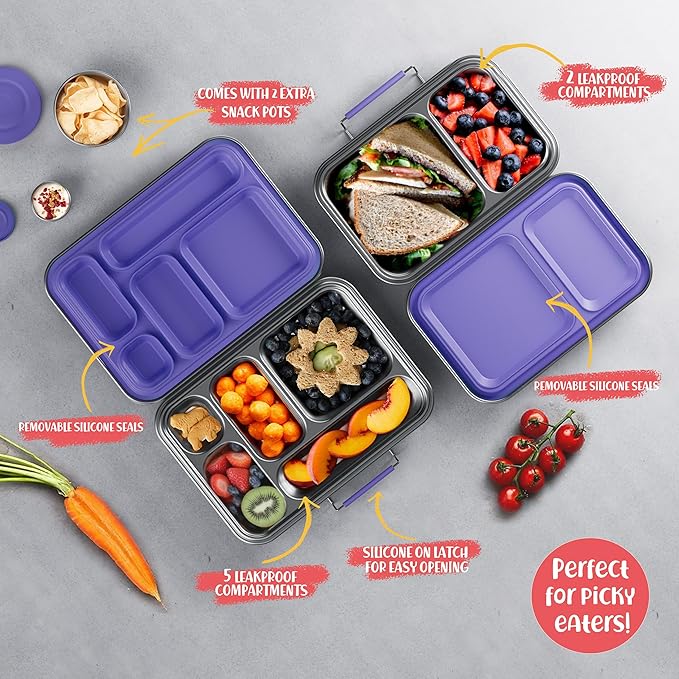 AOHEA Stainless Steel Bento Box Kids, Kids Metal Bento Lunch Box BPA Free Lunch Box Containers 304 Stainless Steel Bento Box for School and Office(Purple)
