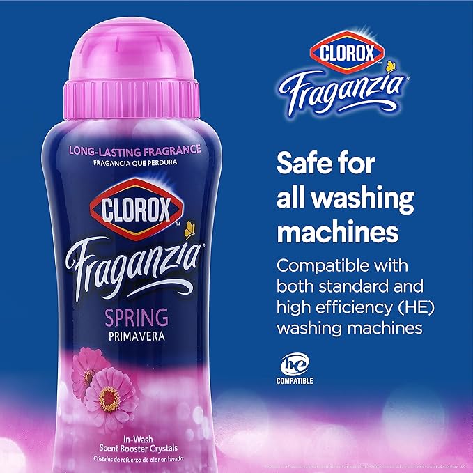 Clorox Fraganzia Laundry Scent Booster Crystals, In-Wash Fragrance Beads for Fresh-Smelling Clothes & Linens, Safe for All Fabrics & Colors, Easy-Pour Bottle, Spring Scent, 18 Oz, 2 Pack