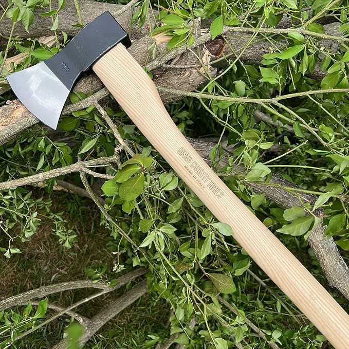 Kings County Tools German-Style Italian Tree Felling Axe | 31.25" Long Gently Curved Ash Wooden Handle | Powder Coated Steel Head with 5" Striking Face