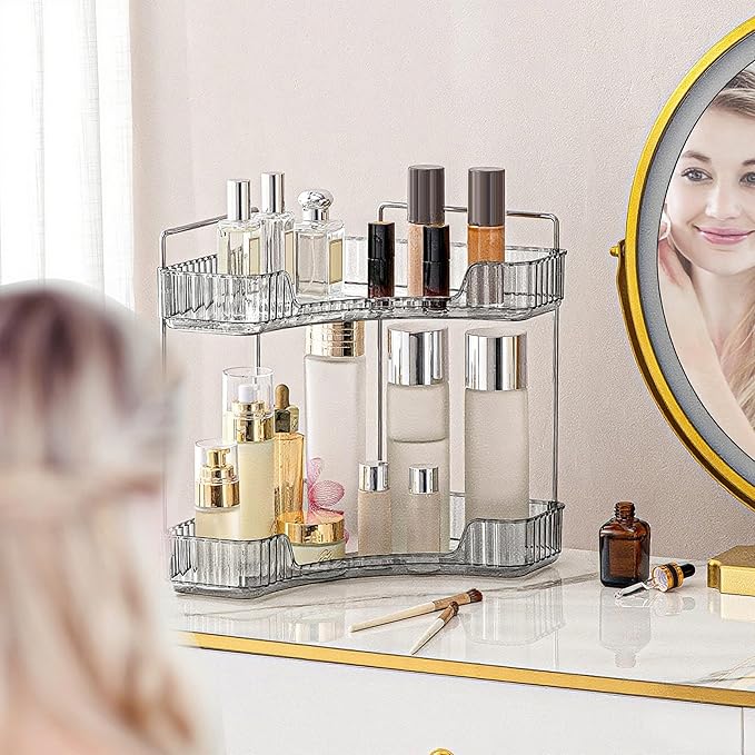 INVSSENE Corner Bathroom Countertop Organizer, 2 Tiers Vanity Trays for Counter, Makeup Organizers, Perfume Tray, Kitchen Spice Rack, Smoky Gray