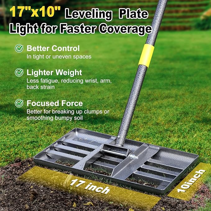 Lawn Leveling Rake: Anti Flipping 17" x 10" Stainless Steel Lawn Ground Leveler for Soil, Heavy Duty Grass Top Soil Dressing Leveling Rake, Home Lawn,Golf Field,Yard Landscaping Tool, 60” Long Handle