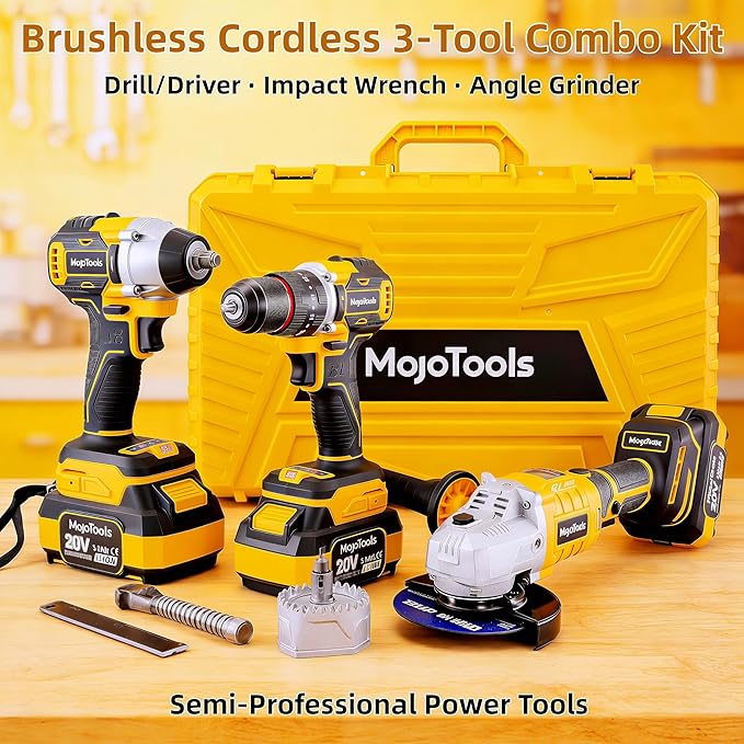 Brushless Cordless Power Tool Combo Kit for Heavy DIY & Semi-Professional Use – 50Nm Drill Driver, 380Nm Impact Wrench, 5" Angle Grinder LCD, 2×3000mAh Batteries, Carry Case &&Accessories