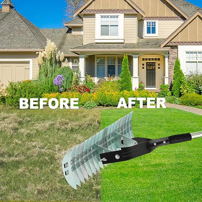 Thatch Rake,15" Lawn Dethatcher Rakes,Dead Grass Remover,Manual Dethatching Rake with Adjustable Length Handle,Scarifier Rake,Thatching Rakes for Lawns Grass Loosening Soil