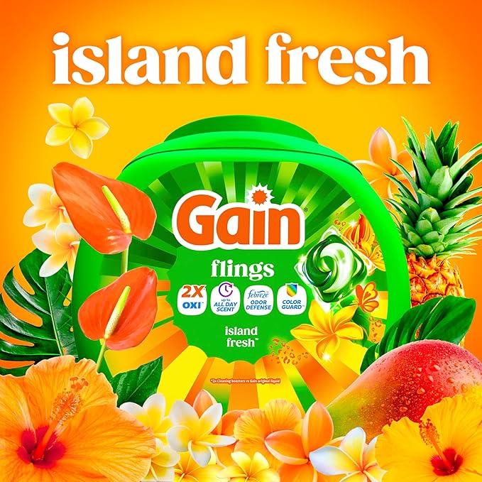 Gain Flings Laundry Detergent Pacs, 60 Count, Island Fresh Scent, with Odor Defense, concentrated laundry soap pacs