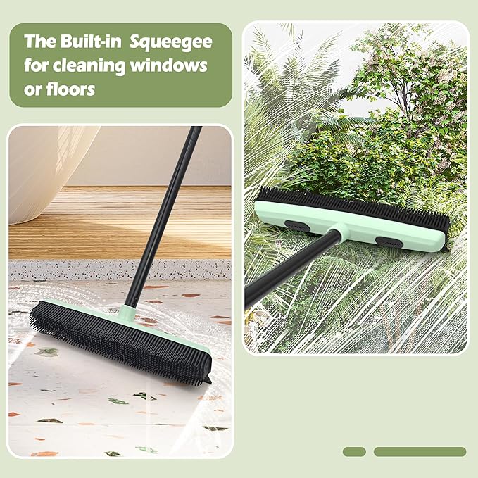 Upgraded Rubber Broom Pet Hair Remover with Squeegee Fur Sweeper Small Detailing Lint Brush to Fluff Carpet Rug Tile Hardwood Floor