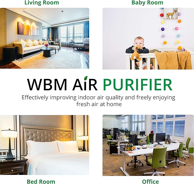 WBM Smart HEPA Filter Air Purifier for Allergies and Pets, Dust, Mold, and Pollen, Smoke and Odor Eliminator, Cleaner for Bedroom, Black