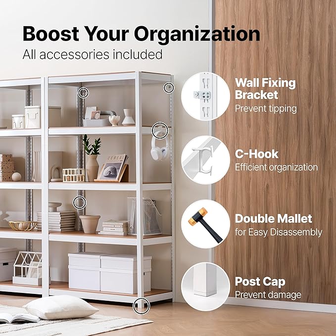 HOMEDANT House 48.1" W 5 Tier Heavy Duty Garage Shelving Adjustable Metal Rack Storage Shelves Standing Shelf Unit Organizers Industrial Warehouse Basement White 1Pack