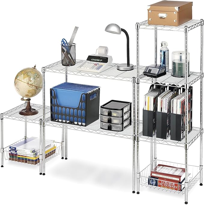 Whitmor 2-Wire Shelving Unit, Metal Storage Shelves, Stacking Shelf with Basket, Easy Assembly Home Organizer for Pantry, Kitchen, Garage, Plant