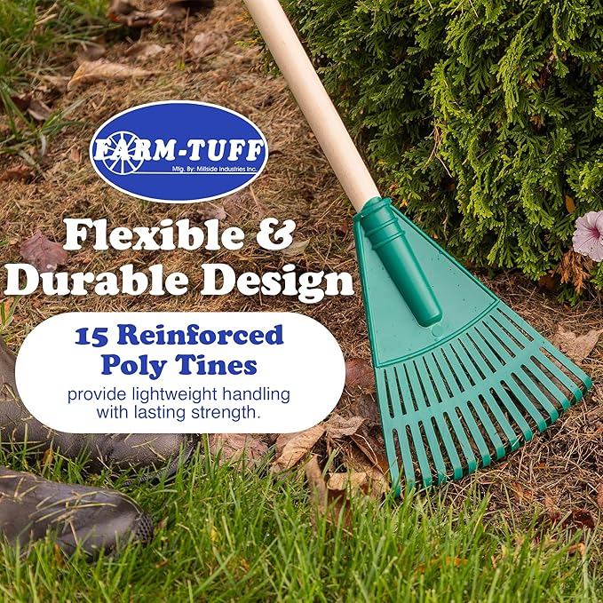 FARM-TUFF 8 Inch Garden Rake with 48 Inch Hardwood Handle - Durable & Compact Garden Rake for Shrubs, Flower Beds, and Tight Spaces